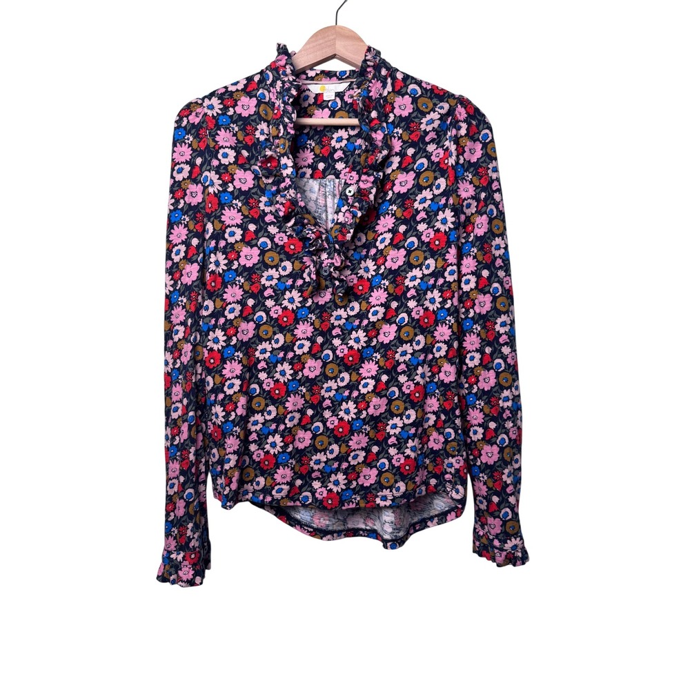 Boden Ruffle V-Neck Floral Print Cotton Jersey Top Multi-Color Feminine Office 4